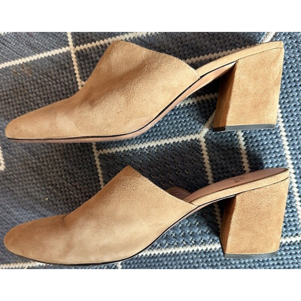 J Crew Tan Suede Pointed Toe Stacked Mid Block Heel Slip On Mules Clogs Size 9 - Picture 3 of 13